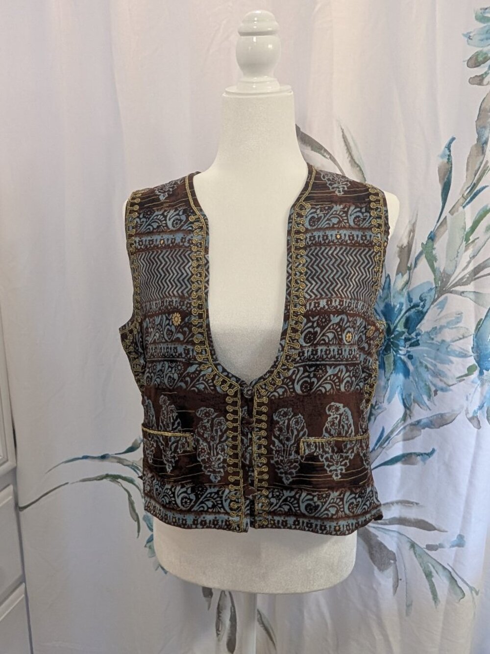 Vintage Emporio Armani Vest Waistcoat Brown Light Blue Pattern Gold Trim Medium